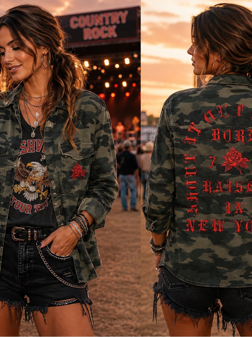Divided Camo Military Shirt Jacket with Red Graphic Embroidery